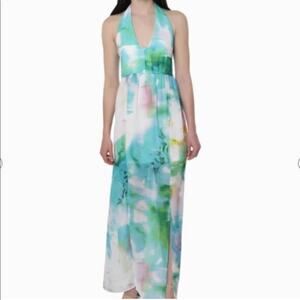 Bebe white blue green watercolor halter maxi dress size 6 NWT